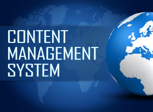 Content Management System concept with globe on blue world map background